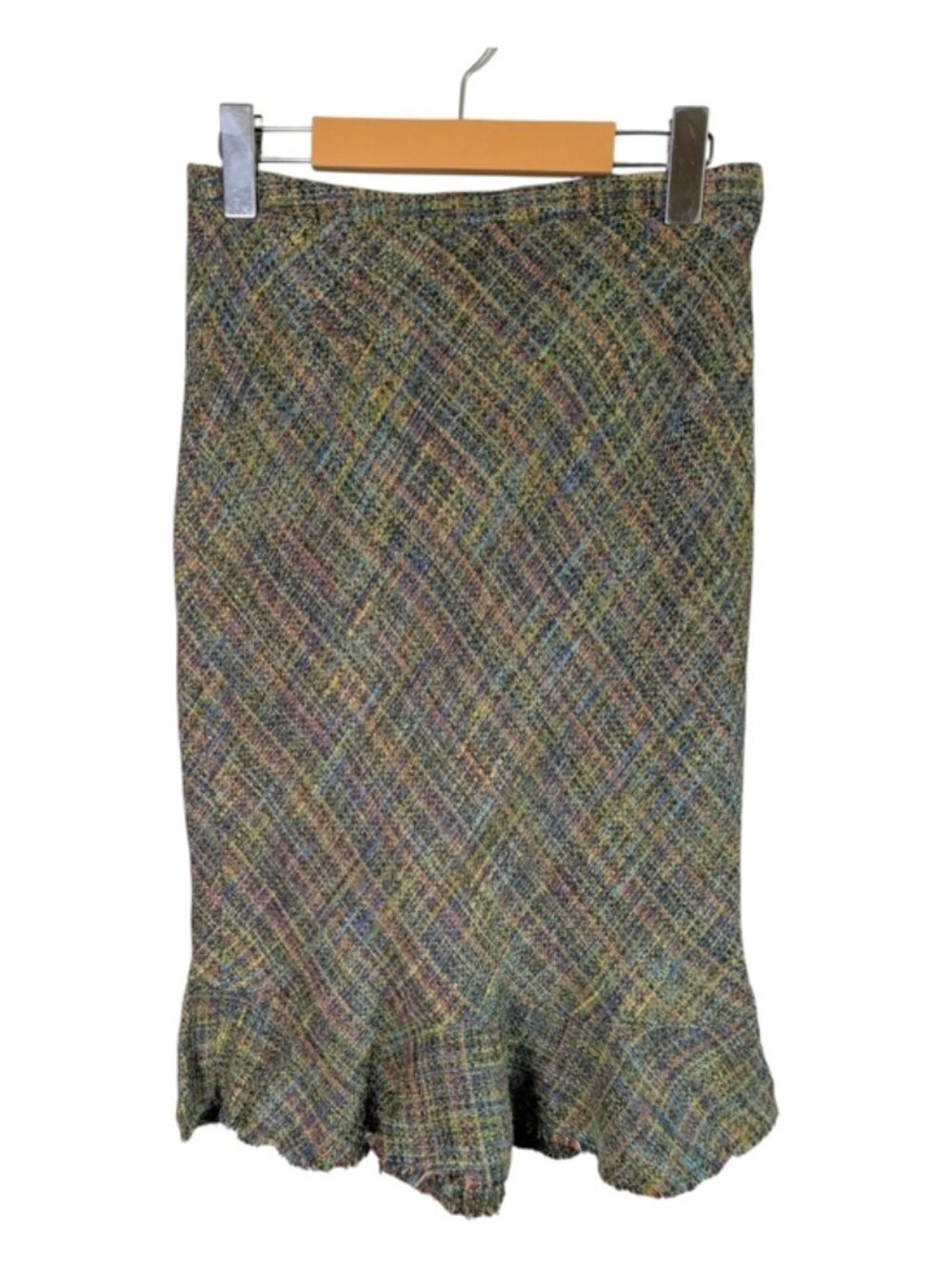 Elevenses Green Mix Tweed Flip Hem Skirt Wool Blend Ruffle Back Fringe Trim Sz 0